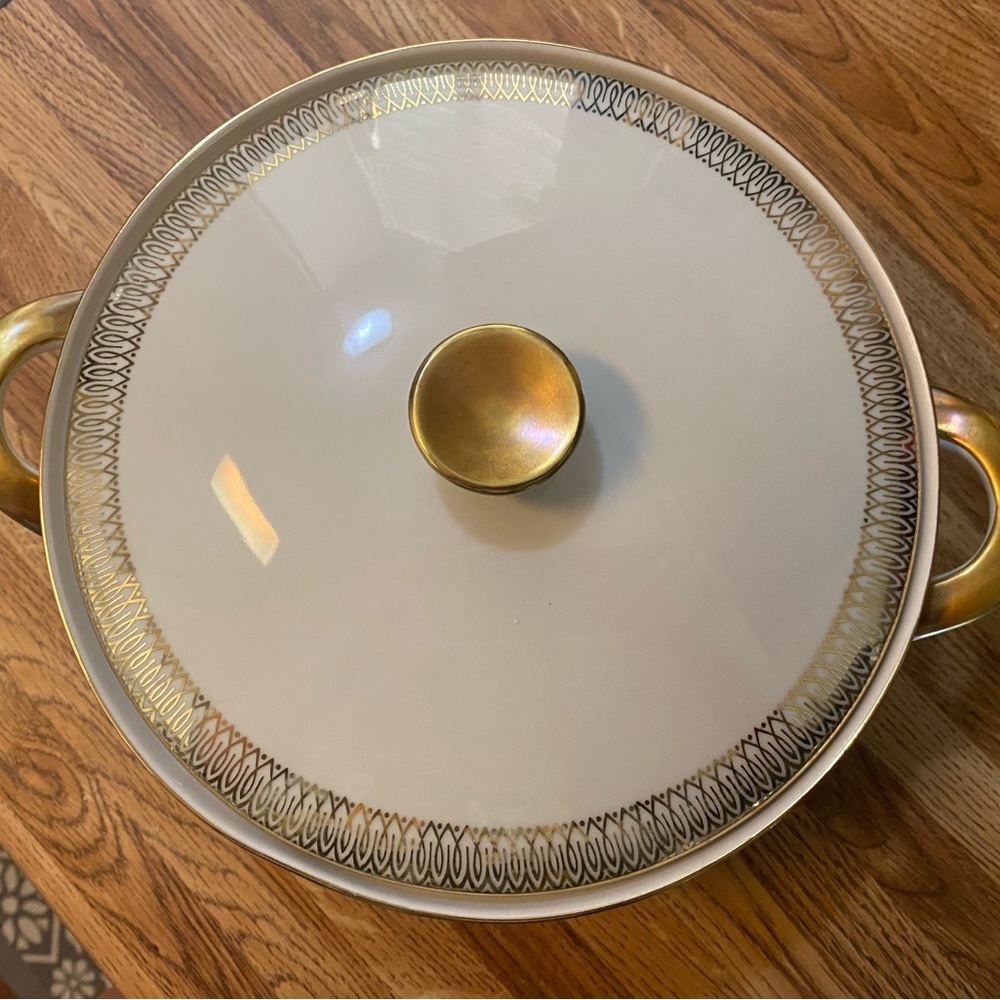Vintage German Serving Dish, gold trim with lid and handles